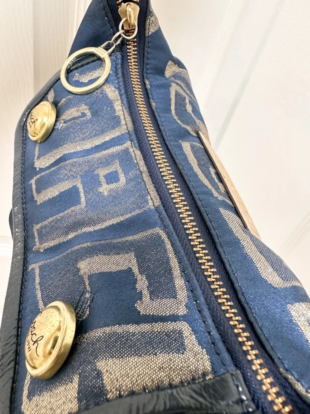 Coach Poppy Story Patch Bag Navy Metallic Gold Graffiti Satin 2Way